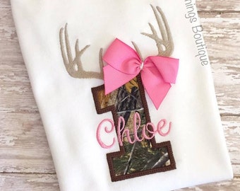 antler birthday shirt, girl antler mossy oak birthday shirt, deer first birthday shirt, girl hunting shirt, pink antler birthday shirt, camo