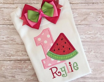 Watermelon shirt, pink red watermelon tutu, watermelon birthday, pink red green watermelon fabric tutu, watermelon shirt, watermelon bow