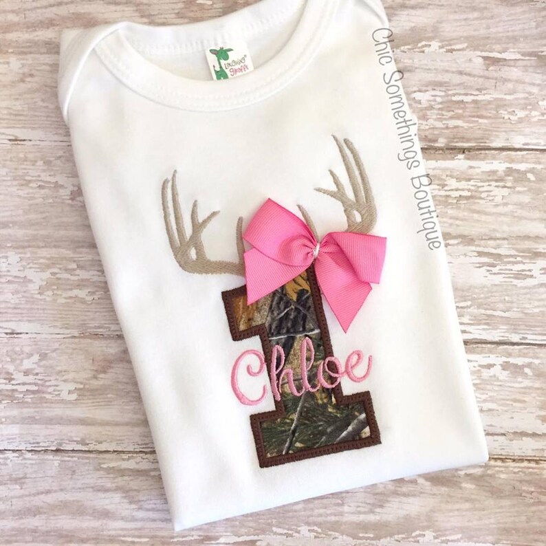 antler birthday shirt, girl antler mossy oak birthday shirt, deer first birthday shirt, girl hunting shirt, pink antler birthday shirt, camo image 1