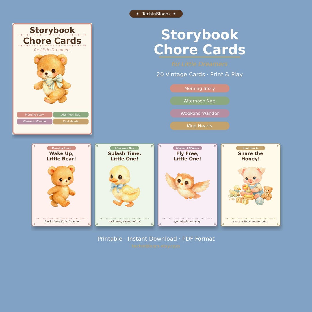 Storybook Weekly Routine Storybook Chore Cards for Kids | Printable Vintage Animal Chore Chart ...