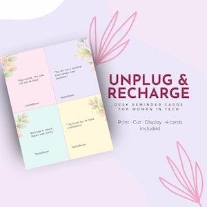 Unplug & Recharge Desk Cards | Printable Quote Cards Women in Tech | Digital Download | Woodland Nature Cards