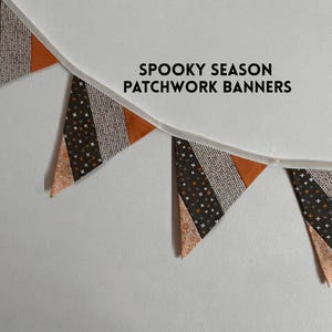Spooky Season Patchwork Banner – Handmade Deco  – October Mantel Garland – Orange and Black