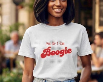 Yes Sir I Can Boogie T-shirt – T-shirt voor een vrijgezellenfeest in de stijl van de jaren 70 en 80.