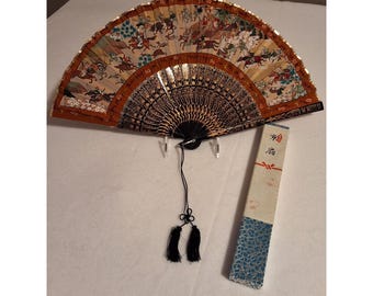 Vintage Japanischer Kyo-Sensu Faltfan mit Samurai Kampfszene. SIEHE BILDER
