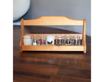 Vintage Wood Spice Rack with 7 Hand Painted Farmhouse Glass Jars Made in Holland