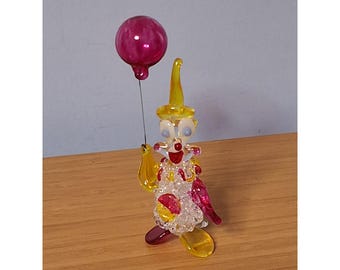 Vintage Clownfigur aus Muranoglas mit rosa Ballon, Miniaturgröße 5,25 Zoll