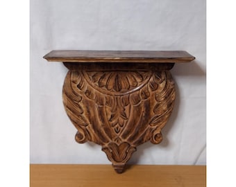 Vintage Indiase handgesneden houten zwevende muurplank uit de jaren 70