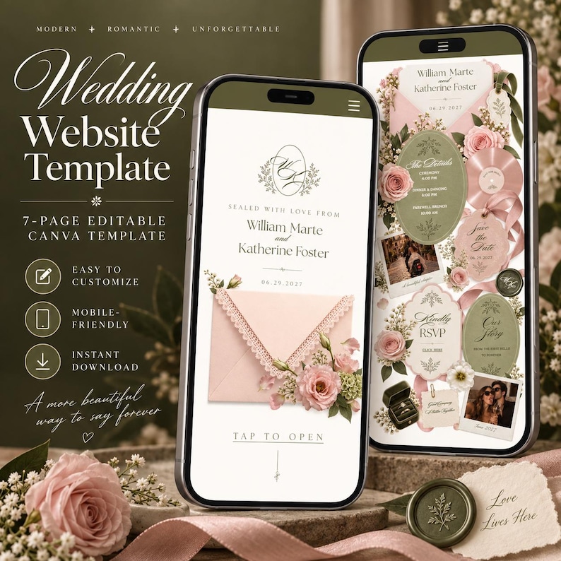 Editable Blush Sage Floral Wedding Website Template (canva) - Etsy UK