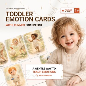 May include: Toddler emotion cards with rhymes for speech. The cards feature illustrations of children expressing different emotions, such as silly and excited. The text on the cards reads "A gentle way to teach emotions".