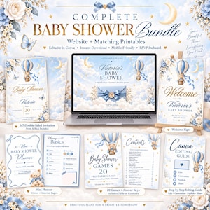 May include: A complete baby shower bundle featuring a laptop displaying a digital invitation, surrounded by printed materials including a 5x7 invitation, welcome sign, baby shower planner, 20 printable games, and a Canva editing guide.