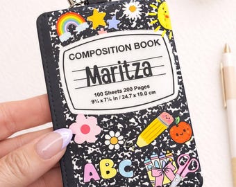 Personalized Teacher Badge Holder, Custom Name ID Badge, Composition Notebook Design, Cute Teacher Gift, Back to School