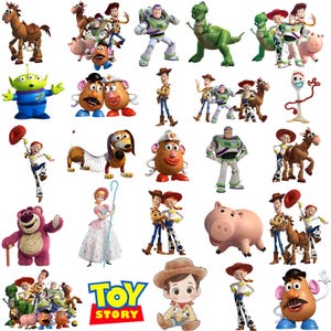 May include: A collection of Toy Story character illustrations including Woody, Buzz Lightyear, Jessie, Rex, Slinky Dog, Mr. and Mrs. Potato Head, Bullseye, Hamm, the Aliens, Bo Peep, Lotso, Forky, and a stylized child version of Woody with the Toy Story logo.