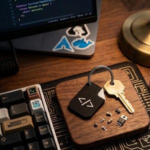 May include: A black rectangular keychain featuring a white code bracket symbol, attached to a silver metal ring with a brass key. The keychain is accompanied by several small electronic components, including resistors and a microchip, on a wooden surface.
