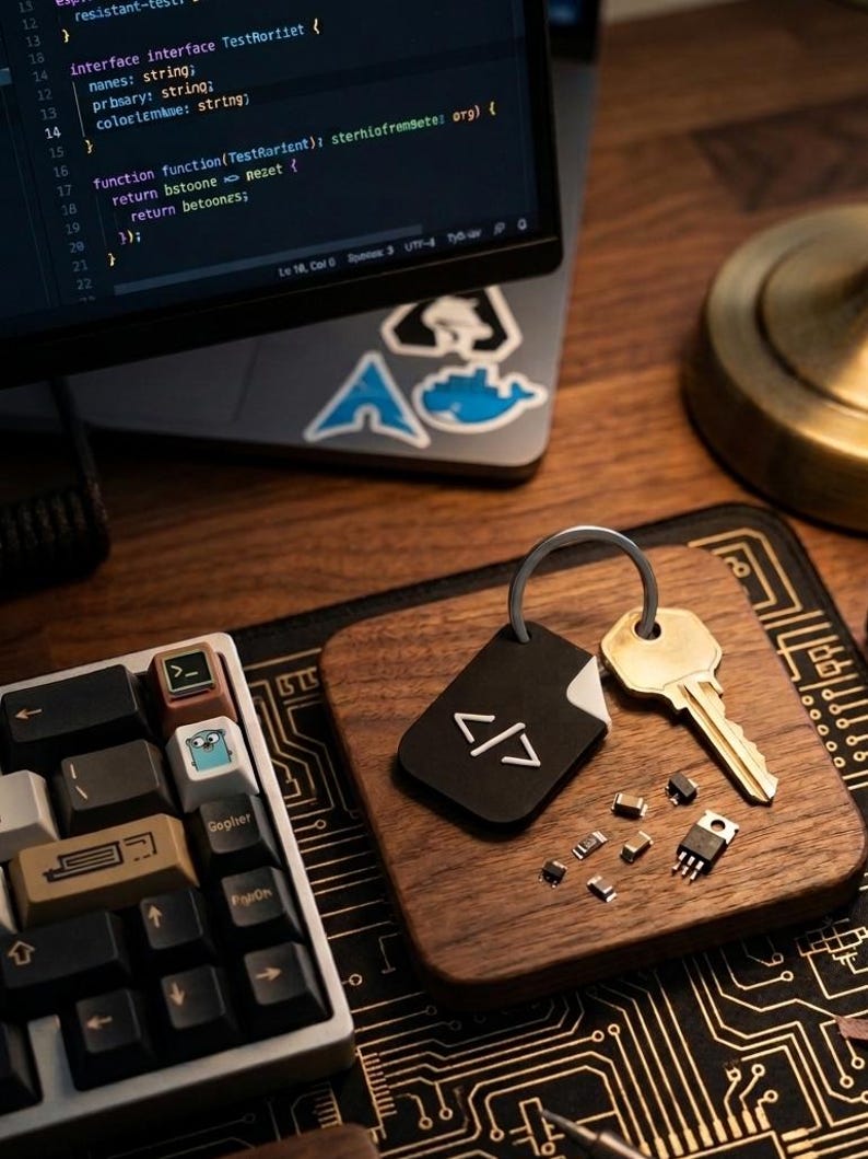 May include: A black rectangular keychain featuring a white code bracket symbol, attached to a silver metal ring with a brass key. The keychain is accompanied by several small electronic components, including resistors and a microchip, on a wooden surface.