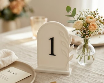 Arch Wedding Table Number | Leaf Motif, Organic Modern Stand, Personalized Sign
