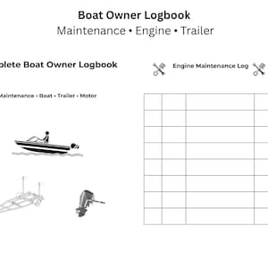 May include: A white logbook titled "Boat Owner Logbook" with sections for maintenance, engine, and trailer. Includes illustrations of a boat, trailer, and motor. The text "Complete Boat Owner Logbook" is also present.