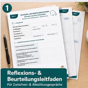 May include: A set of white paper forms with German text, a black pen, and a cup of coffee on a wooden table. The forms are titled "Reflexions- & Beurteilungsleitfaden" and are for intermediate and final discussions. The forms have lines for filling in information.