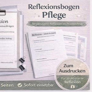 May include: A stack of printed papers with the title "Reflexionsbogen Pflege" and the word "Reflexion" on the top sheet. The papers are held together with a clipboard and binder clips. A pen and paper clips are also visible.