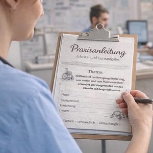Może przedstawiać: Klipbord z tytułem "Praxisanleitung" i podtytułem "Arbeits- und Lernaufgabe" jest trzymany przez osobę. Dokument zawiera tekst o wsparciu ruchu i ilustracje wózków inwalidzkich. Pióro jest trzymane w dłoni.