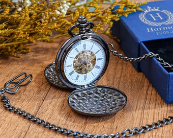 Zestaw grawerowanych zegarków kieszonkowych w stylu steampunk z bezpłatnym pudełkiem prezentowym: spersonalizowany prezent dla drużby, prezent ślubny dla świadka, propozycja dla niego, męża, ojca