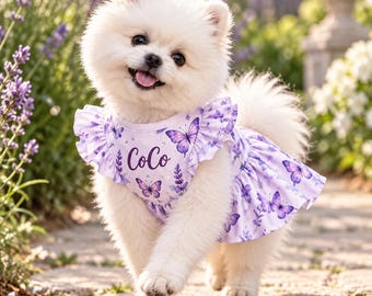 Personalized Dog Dress, Floral Ruffle Flutter Sleeve Pet Outfit (Custom Name)