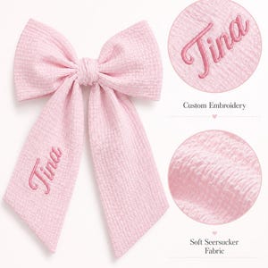 Può includere: Un fiocco per capelli in seersucker rosa chiaro con il nome Tina ricamato in un carattere corsivo rosa più scuro su uno dei due lunghi nastri. Il tessuto ha una superficie testurizzata e il design include un nodo centrale.