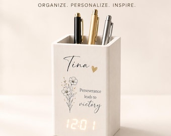 Personalized LED Clock Pen Holder, Custom Name & Message Desk Organizer (UV Print)