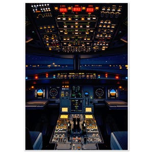 May include: An interior view of an aircraft cockpit at night. The image shows the instrument panel, overhead panel, and control sticks. The cockpit is illuminated with various lights, including red, orange, and green. The background shows a starry night sky.
