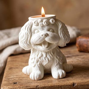 Pode incluir: Um castiçal branco em forma de cão com uma vela acesa. O cão tem uma expressão sorridente e uma textura de pêlo detalhada. O castiçal está sobre uma superfície de madeira.
