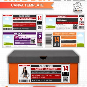 Puede incluir: Caja de zapatos naranja con tapa gris, con múltiples diseños de invitaciones. Las etiquetas incluyen texto como "Shoe Box", "Julian's 14th Birthday" y "Mason's Birthday Party". El diseño es editable en Canva.