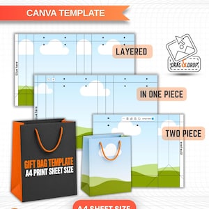 May include: An editable paper gift bag Canva template featuring a sky and landscape design. The set includes layered, one-piece, and two-piece layouts for A4 print sheet sizes. The display shows a black bag with orange handles and a smaller assembled bag.