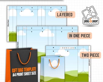 May include: An editable paper gift bag Canva template featuring a sky and landscape design. The set includes layered, one-piece, and two-piece layouts for A4 print sheet sizes. The display shows a black bag with orange handles and a smaller assembled bag.