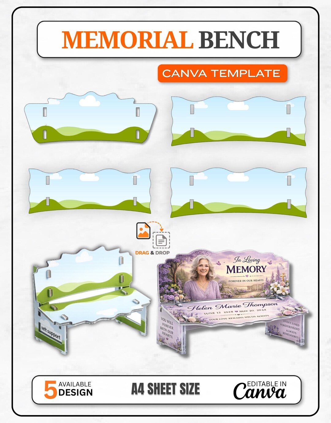 Memorial Bench Canva Template Bundle, Editable Memorial Bench ...