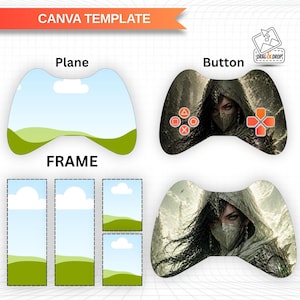 Puede incluir: Un diseño gráfico que presenta una plantilla de mando de videojuegos con el texto "Gaming Controller Editable Canva Template". El diseño incluye contornos de mando, diseños de botones y una imagen de arte digital de una mujer con capucha.