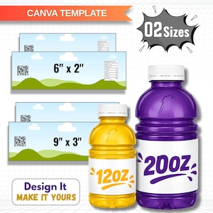 May include: A digital Canva template for sport drink bottle labels featuring two sizes, 6 inches by 2 inches and 9 inches by 3 inches. The design includes a light blue sky with white clouds and green hills. Two plastic bottles are shown, one yellow labeled 12oz and one purple labeled 20oz.