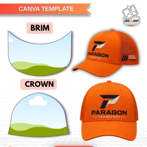 Pode incluir: Um design de boné de caminhoneiro laranja com o texto "Trucker Hat Editable" e "Canva Template". O design inclui um modelo de aba e coroa, e dois bonés laranja com o logotipo "Paragon Transport". A imagem também inclui o texto "Drag & Drop".