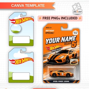 May include: A digital Canva template for a toy car packaging design featuring the text TOY CAR EDITABLE, FREE PNGs INCLUDED, and A4 SHEET SIZE. The design includes blank Hot Wheels style blister card templates and a customized orange car graphic.