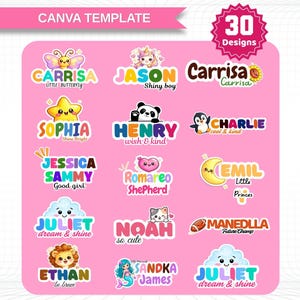 Editable School Labels Canva Template, 30 Character Designs, Kids Name Sticker Kit for Notebooks Folders Water Bottles, Back to School