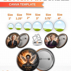 May include: A button pin bundle Canva template featuring six circular size guides from 1 inch to 4 inches. The design includes three memorial button examples with angel wings and text like In Loving Memory Of, Forever In Our Hearts, and Name.