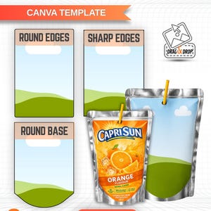 Pode incluir: Um modelo digital Canva para etiquetas Capri Sun com três estilos de painel: bordas arredondadas, bordas afiadas e base arredondada. O gráfico exibe uma bolsa de suco de laranja com canudo, texto CAPRI SUN e A4 SHEET SIZE.
