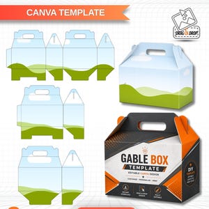 May include: An editable gable box template for Canva, featuring flat die-cut layouts and a 3D assembled box with a green landscape design. The graphic includes the text GABLE BOX TEMPLATE, DIY TEMPLATE, and A4 SHEET SIZE, with drag and drop icons.