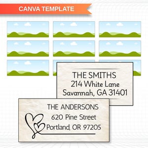 May include: An editable address label Canva template featuring a grid of landscape illustrations with green hills and blue skies. Two sample labels are shown with text for The Smiths and The Andersons, including a heart graphic and A4 sheet size.