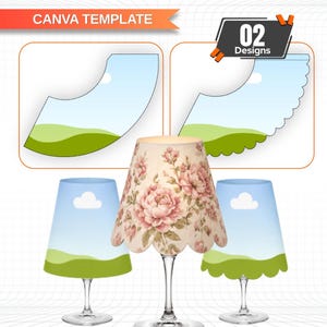 May include: A Canva template for wine glass lampshades featuring two designs. The image displays three wine glasses topped with lampshades, one with a pink floral pattern and two with a blue sky and green landscape graphic with scalloped edges.