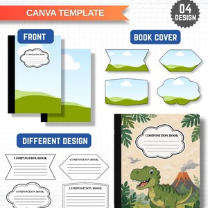 May include: A digital composition book template set featuring a Canva template with four designs. Includes book covers with blue sky and green hill graphics, a dinosaur illustration with a volcano, and various label shapes with lines for text.
