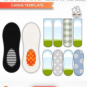 May include: A digital Canva template for sock jigs featuring the text SOCK JIG EDITABLE. The graphic displays two physical sock examples, one black with stripes and one white with orange polka dots, alongside eight flat sock design templates.