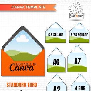 May include: An editable envelope liner Canva template featuring an orange envelope with a landscape graphic. Includes various liner shapes labeled 6.5 square, 5.75 square, A6, A7, A2, and 4 Bar (A1). The text reads Editable Envelope Liner, Canva Template, and Editable in Canva.