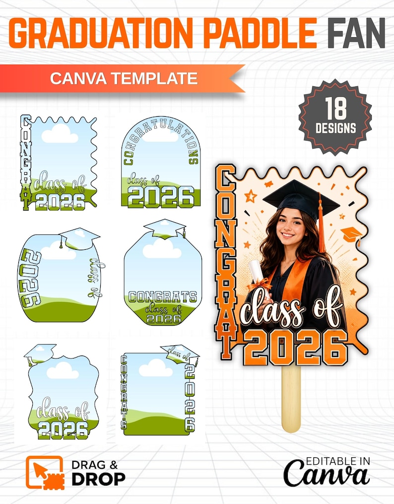Graduation Paddle Fan Template Bundle Canva Editable, Class of 2026 ...