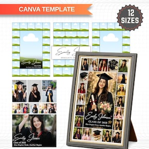 May include: A digital Canva template for a graduation college photo collage featuring 12 sizes. The design includes a dark gray frame displaying a grid of student portraits in graduation caps and gowns, with text reading Emily Johnson Class of 2026.
