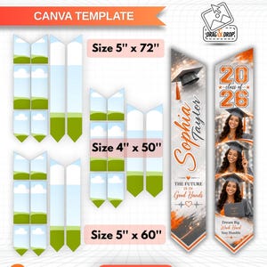 以下が含まれることがあります： 卒業式用ストールのCanvaテンプレート。サイズは12.7cm x 182.8cm、10.1cm x 127cm、12.7cm x 152.4cmの3種類。写真用プレースホルダー、Class of 26の文字、卒業帽のグラフィックが含まれています。