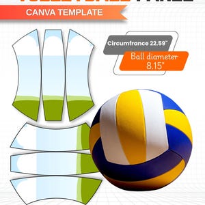 Peut inclure: Un modèle Canva pour panneau de volley-ball avec un ballon bleu, jaune et blanc, des mises en page plates et du texte incluant VOLLEYBALL PANEL, Circumfrance 57.38 cm, Ball diameter 20.70 cm, DRAG & DROP, A4 SHEET SIZE et Editable in Canva.